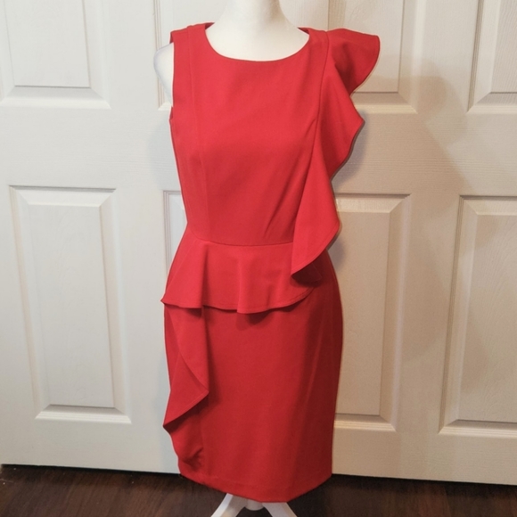CALVIN KLEIN RED DRESS SLEEVELESS WITH FRONT RAFFLE SIZE 2 - Picture 3 of 10